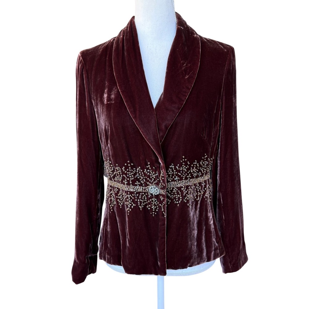 Central Park West Silk Velvet Beaded Blazer Burgundy Wine Evening Jacket‎ Large